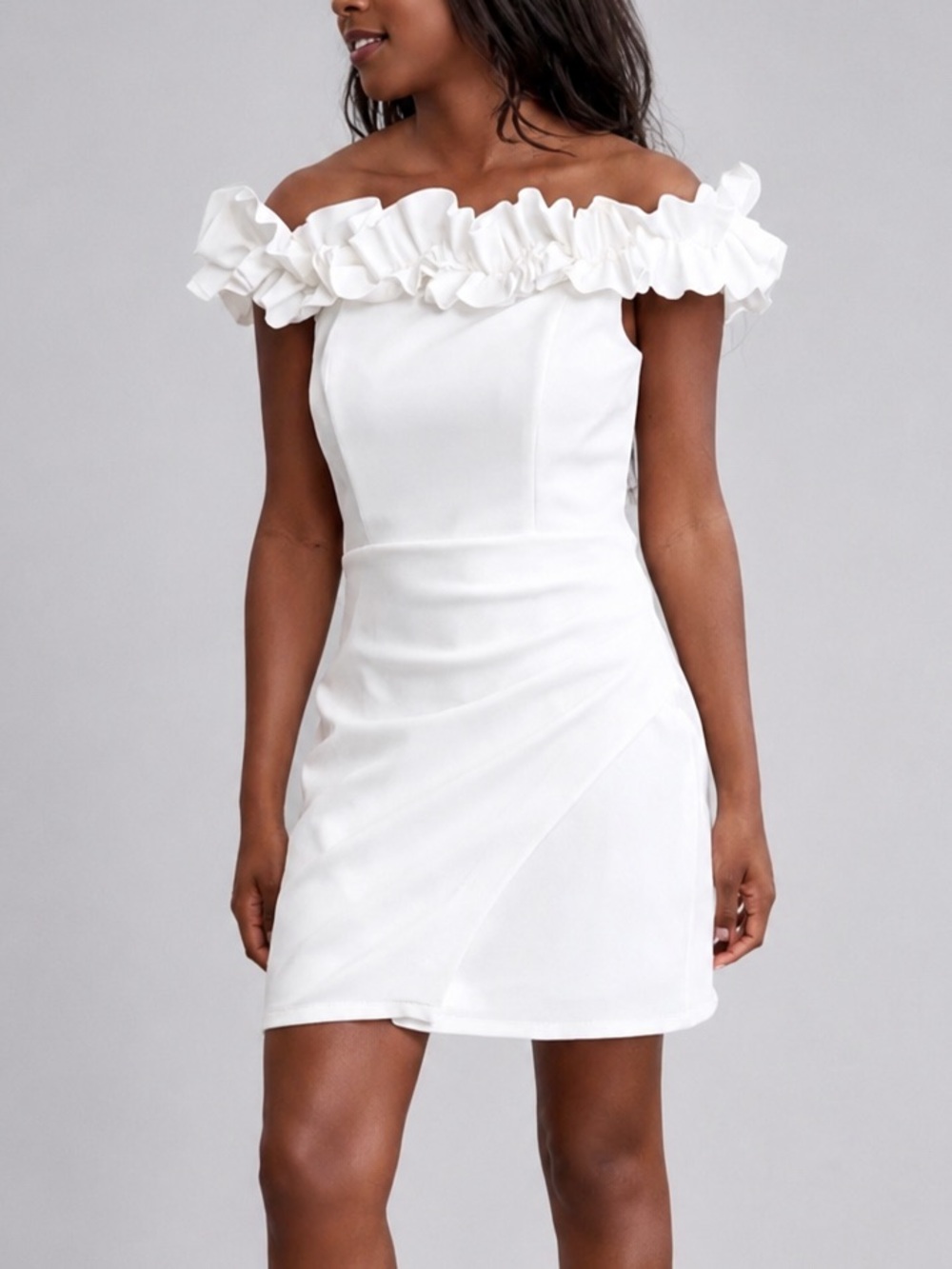 🆕🤍 Ivy + Blu White Off Shoulder Ruffle Mini Dress Stretch Bodycon Wedding Size 4